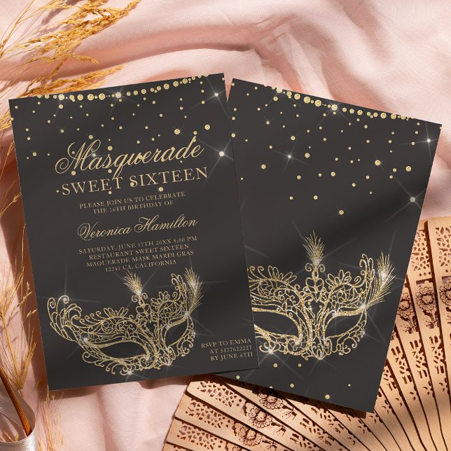 Invitación Máscara de mascarada purpurina dorado gris Dulce 1 (Subido por el creador)