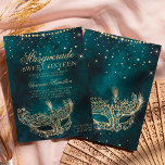 Invitación Máscara de mascarada purpurina oro verde azulado S<br><div class="desc">Un dieciséis moderno,  moda y glamuroso dulce con una máscara de purpurina de oro dibujada a mano con un diamante purpurina brillan sobre un oscuro fondo de color verde azulado.</div>