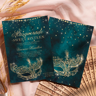 Invitación Máscara de mascarada purpurina oro verde azulado S