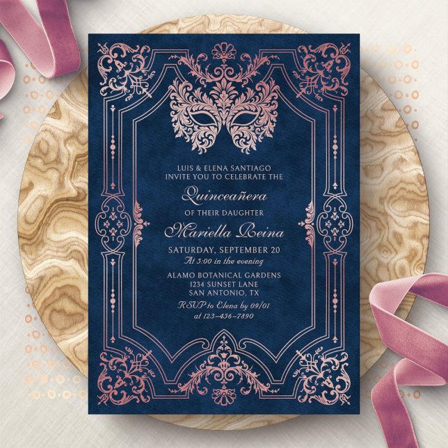 Invitación Máscara de mascarada rosa elegante Quinceanera (Subido por el creador)