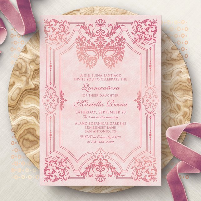 Invitación Máscara de mascarada rosa elegante Quinceanera (Subido por el creador)