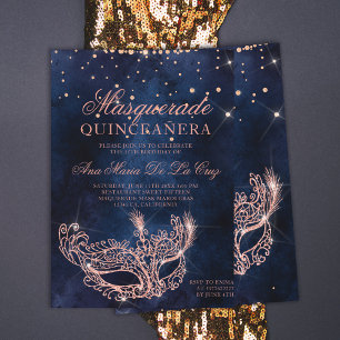 Invitación Máscara de mascarada rosa purpurina de oro quincea