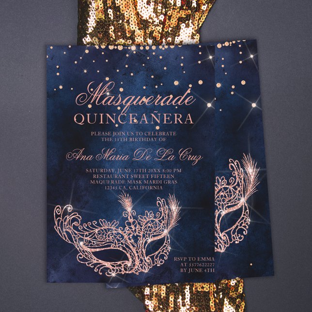 Invitación Máscara de mascarada rosa purpurina de oro quincea (Subido por el creador)