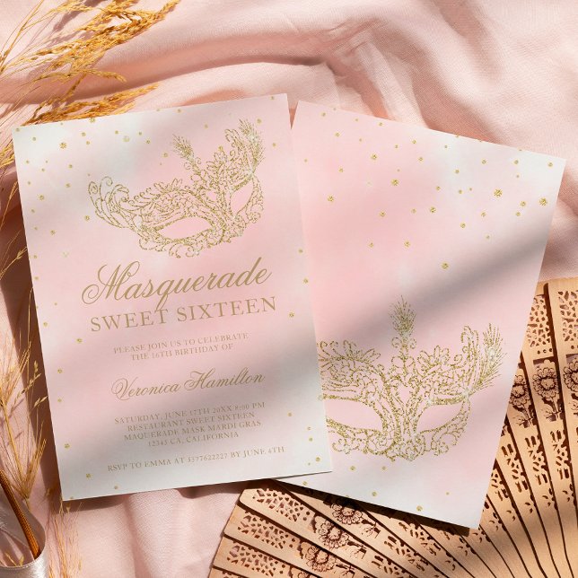 Invitación máscara de mascarada rosa purpurina dorado Sweet 1 (Subido por el creador)