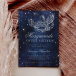 Invitación Máscara de máscaras de purpurina plateado azul mar<br><div class="desc">Un dieciséis moderno,  moda y glamuroso dulce con una máscara de máscaras de purpurina plateado dibujada a mano con diamantes purpurina plateado brilla sobre un fondo de color azul marino oscuro.</div>
