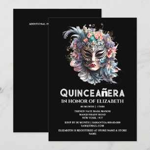 Invitación Máscara de máscaras verde azuladas púrpuras quince