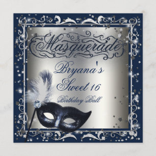 Invitación Máscara de Masquerada Plata y Azul Real Fiesta de 