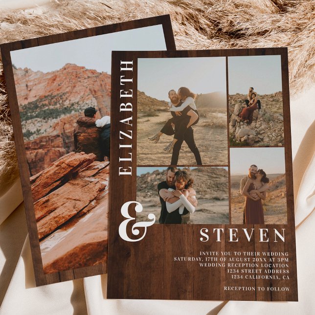 Invitación Máscara de negrita de madera rústica y boda de 5 r (Rustic wood bold ampersand 5 photo grid wedding invitation)