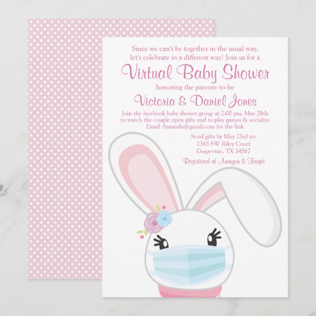 Invitación Máscara de niña de conejito bebé Ducha virtual par (Anverso / Reverso)
