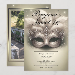 Invitación Máscara de Oliva Dorada Cumpleaños Dulces 16 Fotos