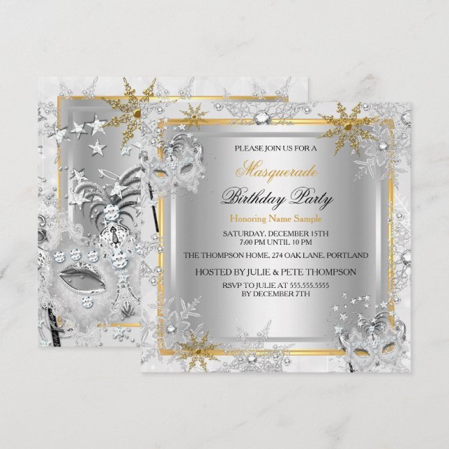 Invitación Máscara de oro Copos de nieve Máscaras de plata Fi (Anverso / Reverso)