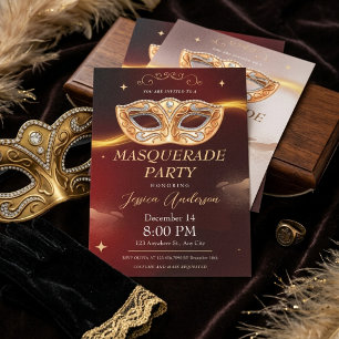 Invitación Máscara de oro de lujo de Borgoña Fiesta de disfra