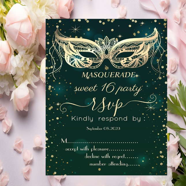 Invitación Máscara de Oro Diamantes Verdes Dulces 16 RSVP (Subido por el creador)