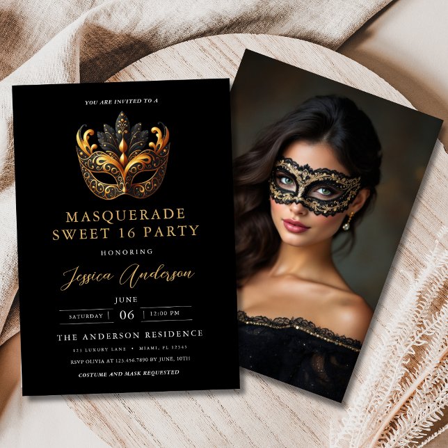 Invitación Máscara de oro negro Cumpleaños Foto Dulces 16 (Subido por el creador)
