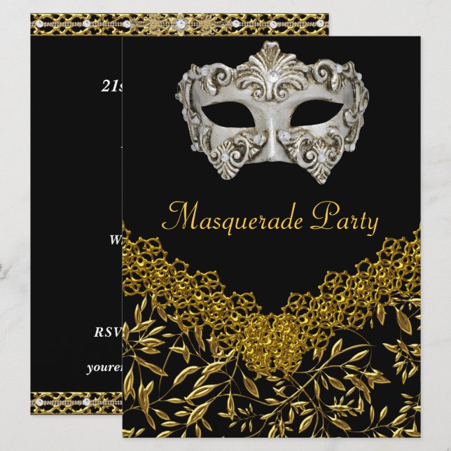 Invitación Máscara de oro negro Cumpleaños glamuroso fiesta d (Anverso / Reverso)