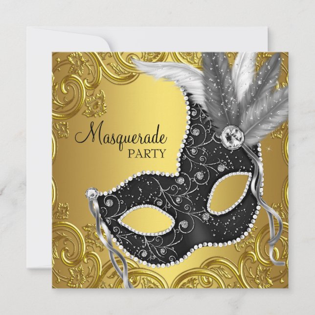 Invitación Máscara de Oro Negro Fiesta de Disfraz (Anverso)