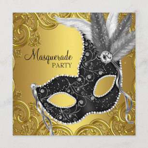 Invitación Máscara de Oro Negro Fiesta de Disfraz