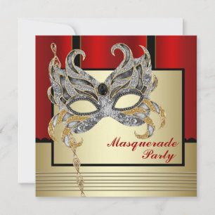Invitación Máscara de oro negro Fiesta de disfraz rojo y negr