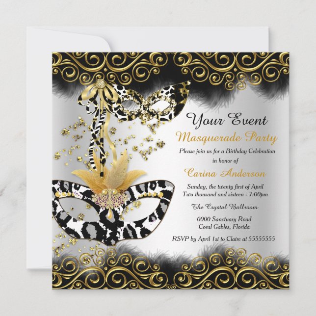 Invitación Máscara de Oro Negro Leopardo Fiesta de Cumpleaños (Anverso)