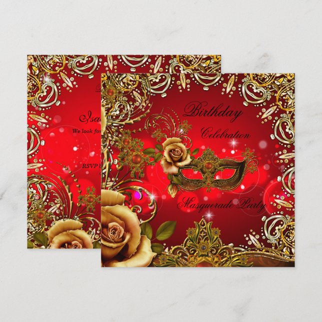 Invitación Máscara de oro rojo de máscara de cumpleaños (Anverso / Reverso)