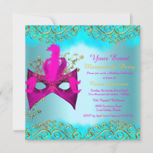 Invitación Máscara de oro rosa azul turquesa Fiesta de cumple