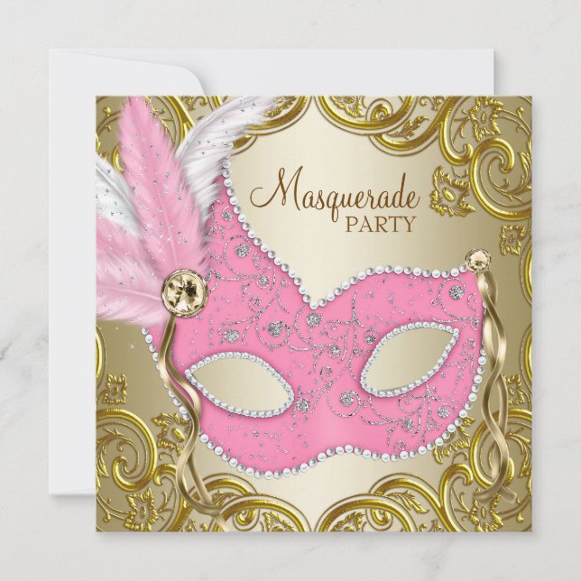 Invitación Máscara de oro rosa elegante Fiesta de disfraz (Anverso)
