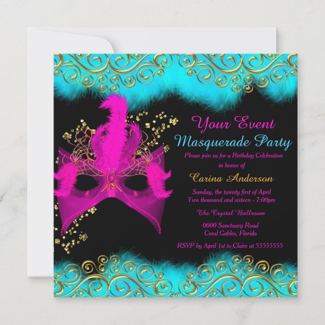 Invitación Máscara de oro rosa turquesa Fiesta de cumpleaños  (Anverso)