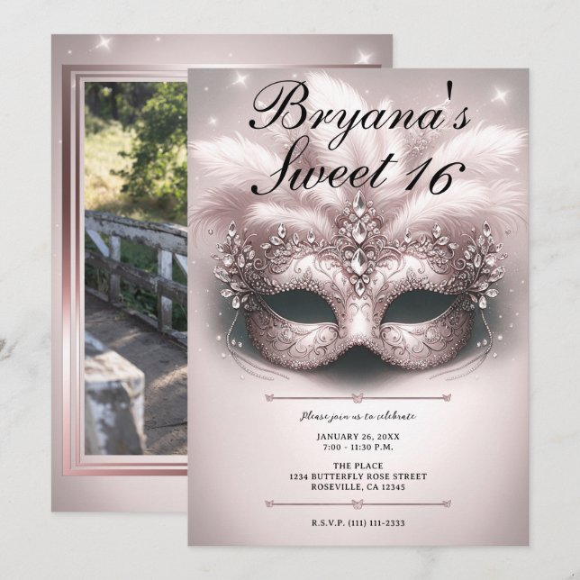 Invitación Máscara de Oro Rosa y Rosa para Cumpleaños Dulces  (Anverso / Reverso)