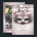 Invitación Máscara de Oro Rosa y Rosa para Cumpleaños Dulces<br><div class="desc">Personalice como desee.

Reemplace la foto en la parte posterior con su propia foto o elimine la foto por completo.</div>