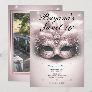 Invitación Máscara de Oro Rosa y Rosa para Cumpleaños Dulces 