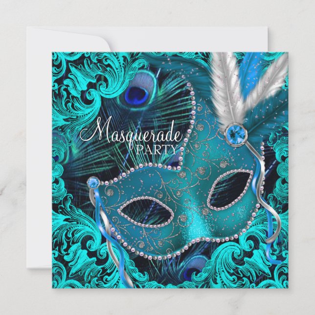 Invitación Máscara de pavo real azul turquesa, fiesta de disf (Anverso)
