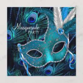 Invitación Máscara de pavo real azul turquesa para fiesta de