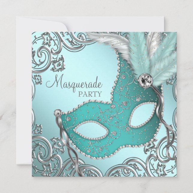Invitación Máscara de plata azul verdoso Fiesta de disfraz (Anverso)
