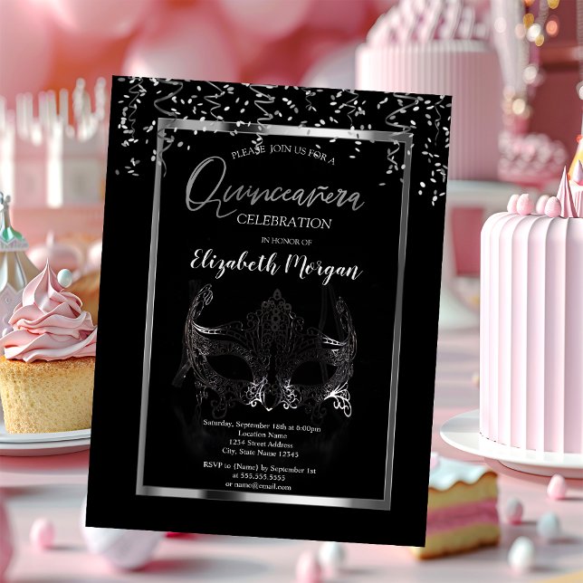 Invitación Máscara de plata, marco, quinceañera de confeti (Subido por el creador)