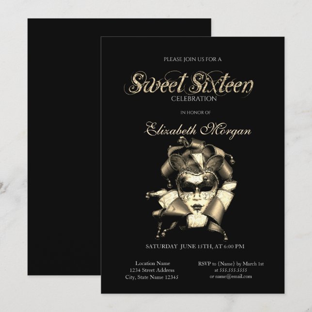 Invitación Máscara de Plata Negro Dulce 16 (Anverso / Reverso)