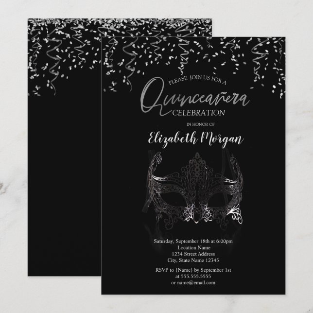 Invitación Máscara de Plata, Quinceañera Confeti Mascarada (Anverso / Reverso)