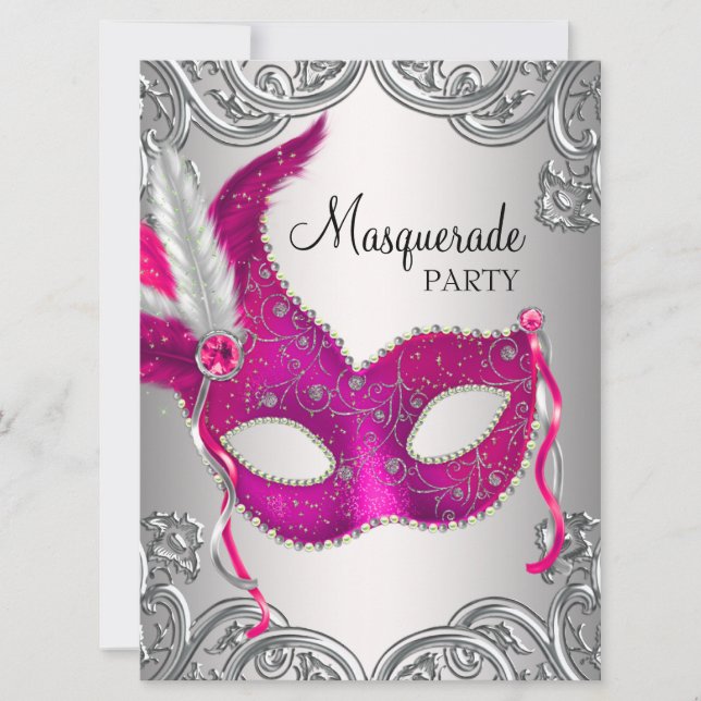 Invitación Máscara de plata rosa caliente Baile de máscaras F (Anverso)