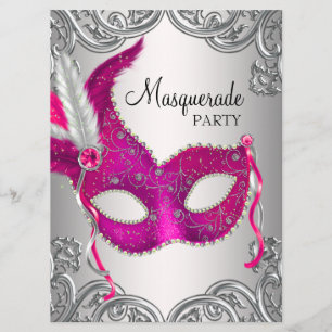 Invitación Máscara de plata rosa caliente Baile de máscaras F