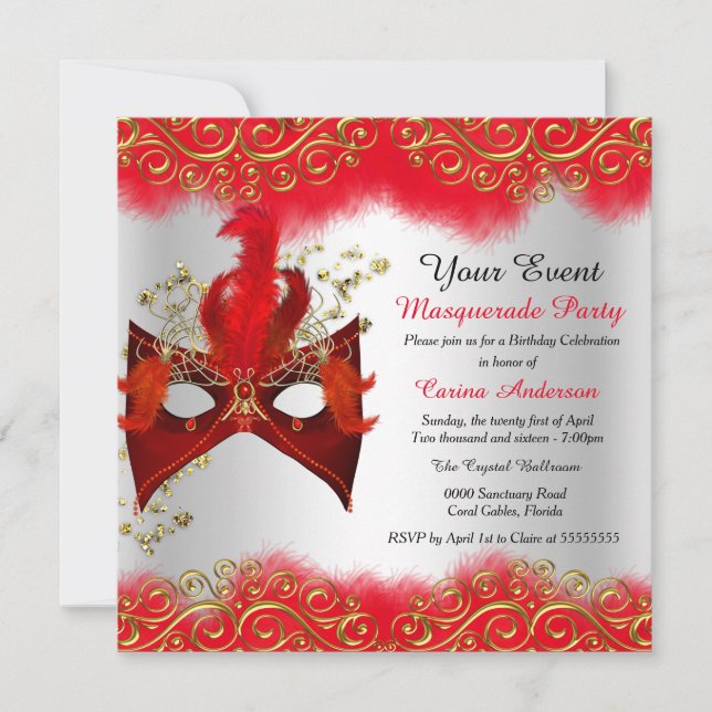 Invitación Máscara de Plata y Oro Rojo Fiesta de Cumpleaños d (Anverso)