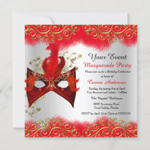 Invitación Máscara de Plata y Oro Rojo Fiesta de Cumpleaños d