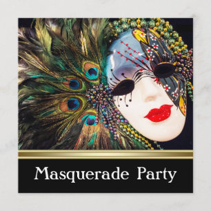 Invitación Máscara de Pluma de Pavo Real de Oro Púrpura para