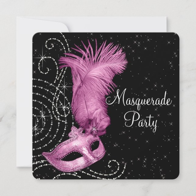 Invitación Máscara de pluma rosa Fiesta de disfraz (Anverso)