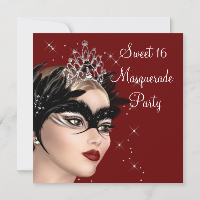 Invitación Máscara de pluma Tiara Sweet 16 Fiesta de Masquera (Anverso)