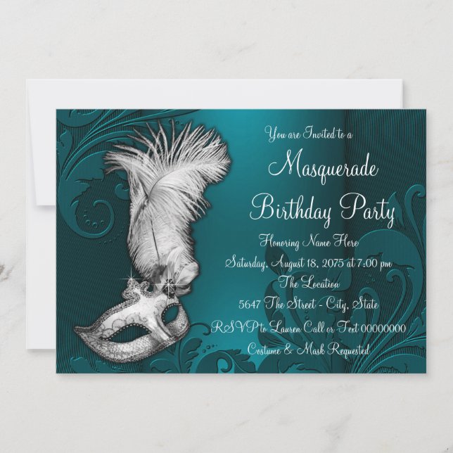 Invitación Máscara de plumas azul añil oscuro para fiesta de  (Anverso)