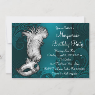 Invitación Máscara de plumas azul añil oscuro para fiesta de