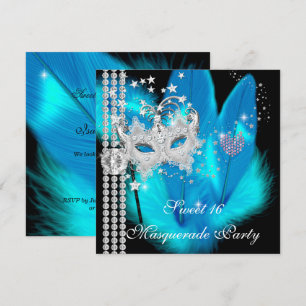 Invitación Máscara de plumas azul teñido Masquerade Sweet 16