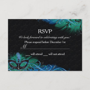 Invitación Máscara de plumas azul y verde con brillo para Mas