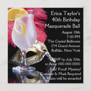 Invitación Máscara de Plumas Cumpleaños 40 Fiesta de Máscaras