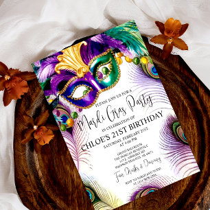 Invitación Máscara de Plumas de Pavo Real Fiesta de Máscaras 