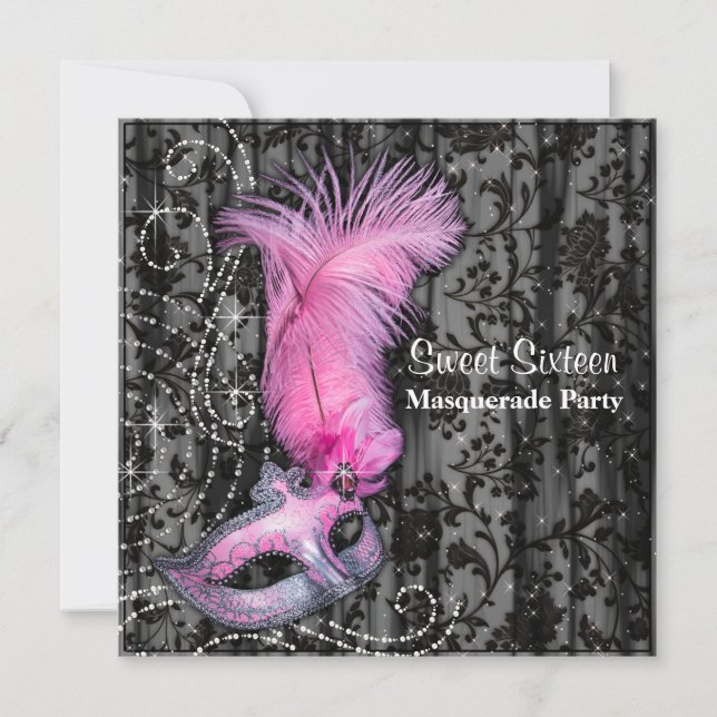 Invitación Máscara de plumas Dulce negro rosado 16 Fiesta de  (Anverso)